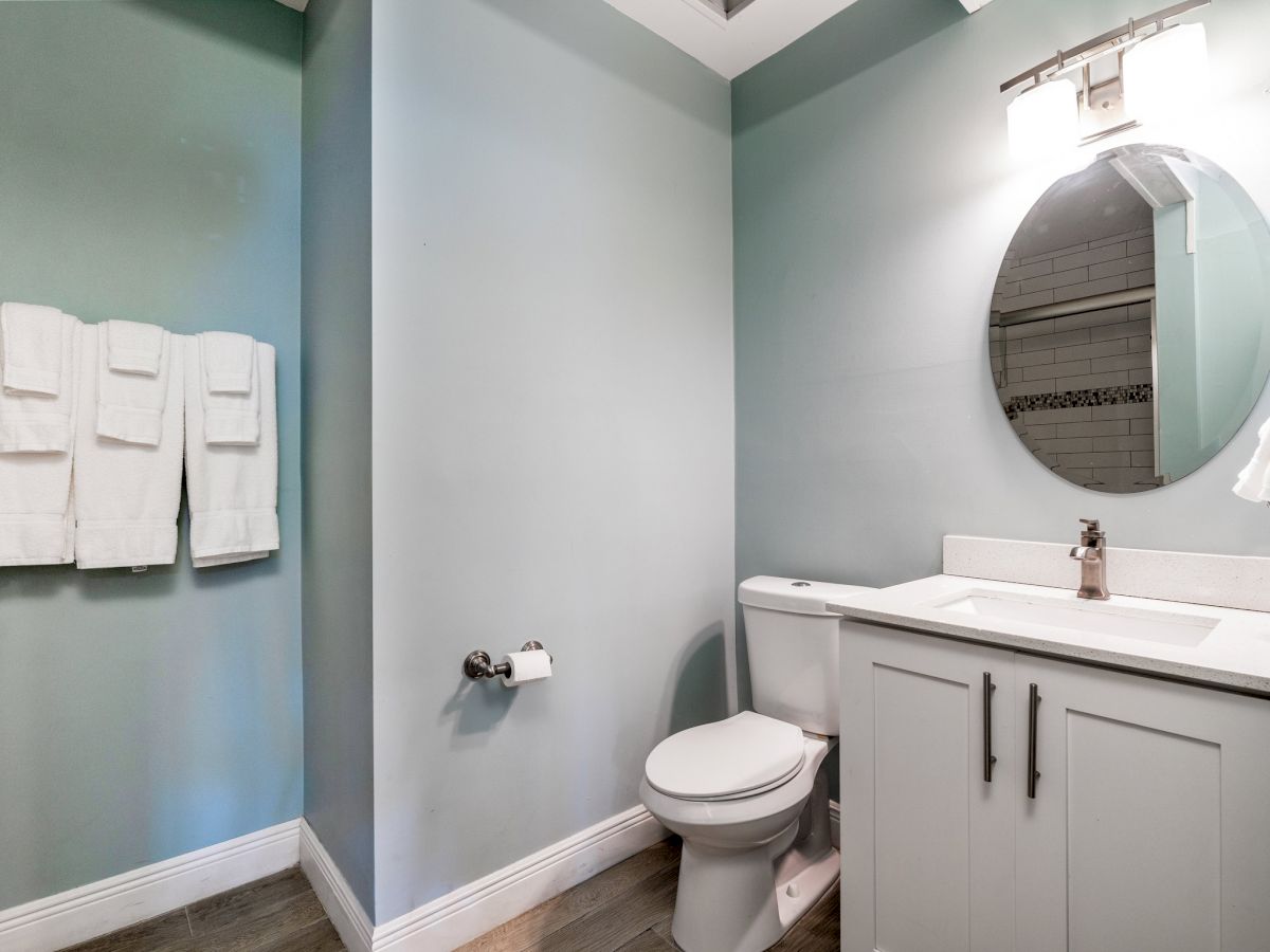 The image shows a bathroom with a toilet, a vanity with a mirror and light, and white towels hanging on the wall above a toilet paper holder.