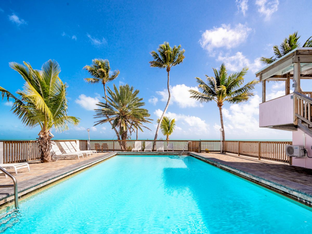 A serene swimming pool surrounded by palm trees under a bright blue sky with scattered clouds, featuring lounge chairs and a wooden deck.